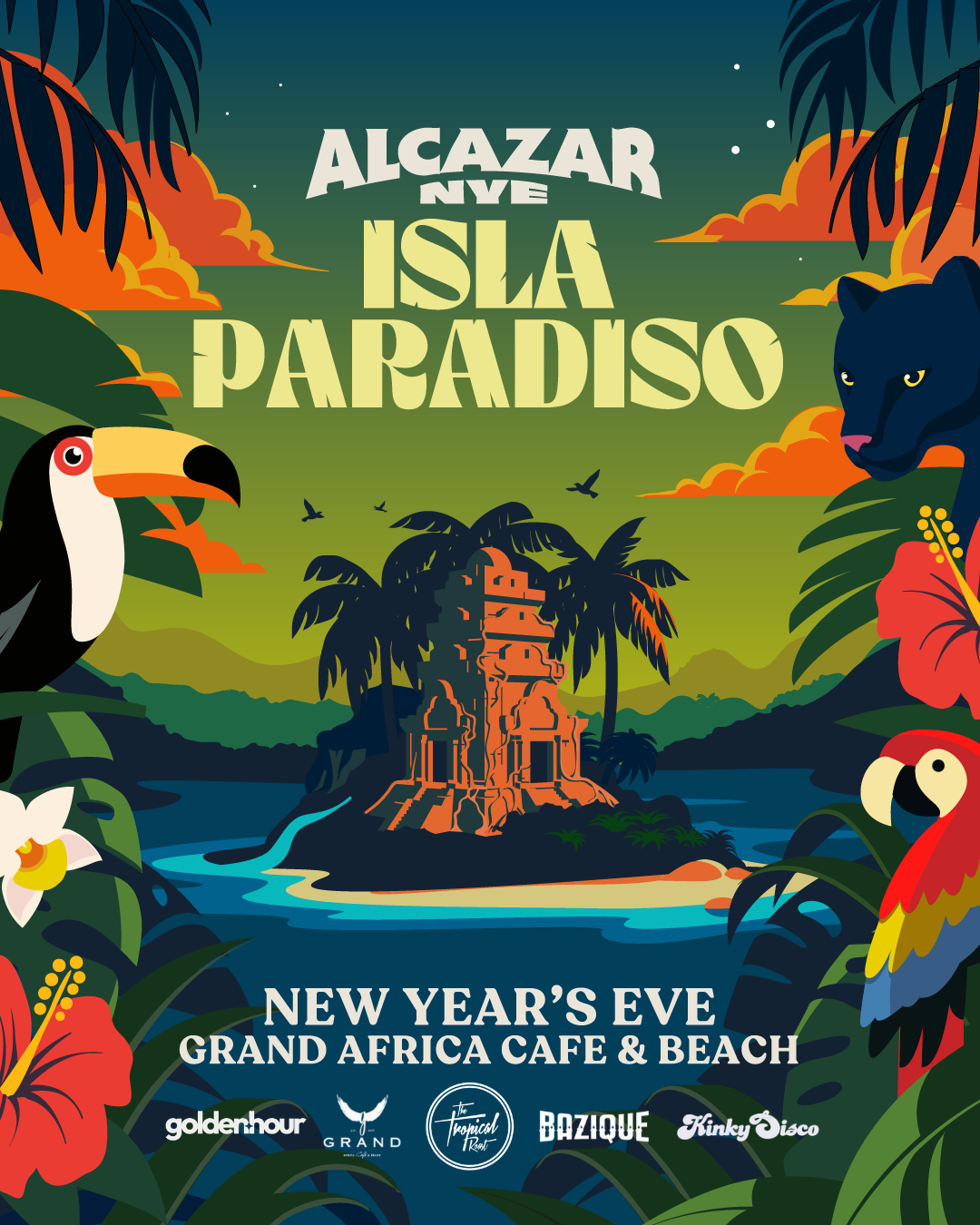 Alcazar NYE 2026 Isla Paradiso flier (portrait)